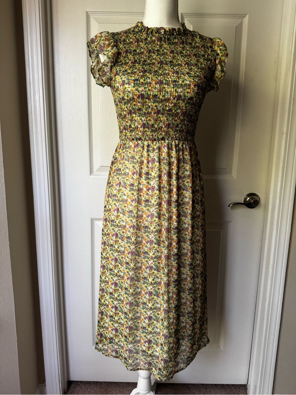 Sweet Rain Yellow and Green Floral Midi Dress with Smocked Bodice